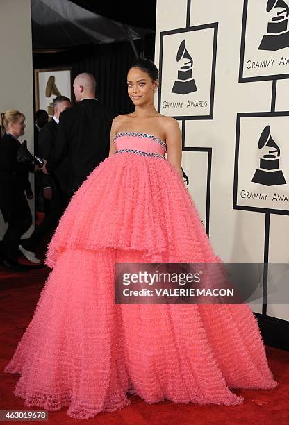 Seven-time Grammy winner and current nominee Rihanna arrives on the red carpet for the 57th Annual Grammy Awards in Los Angeles February 8, 2015. AFP...