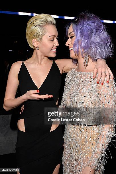 Singer-songwriters Miley Cyrus and Katy Perry onstage during The 57th Annual GRAMMY Awards at the STAPLES Center on February 8, 2015 in Los Angeles,...