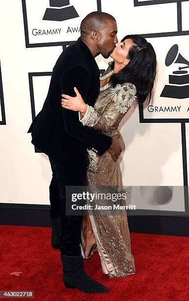 Rapper Kanye West and TV personality Kim Kardashian attend The 57th Annual GRAMMY Awards at the STAPLES Center on February 8, 2015 in Los Angeles,...