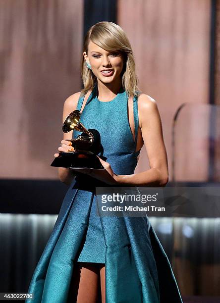 Singer/songwriter Taylor Swift speaks onstage during The 57th Annual GRAMMY Awards at STAPLES Center on February 8, 2015 in Los Angeles, California.