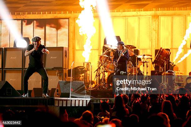 Singer Brian Johnson and guitarist Angus Young of AC/DC perform onstage during The 57th Annual GRAMMY Awards at STAPLES Center on February 8, 2015 in...