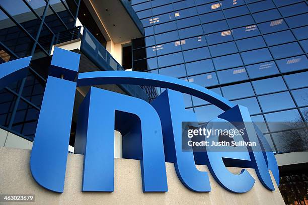 The Intel logo is displayed outside of the Intel headquarters on January 16, 2014 in Santa Clara, California. Intel will report fourth quarter...