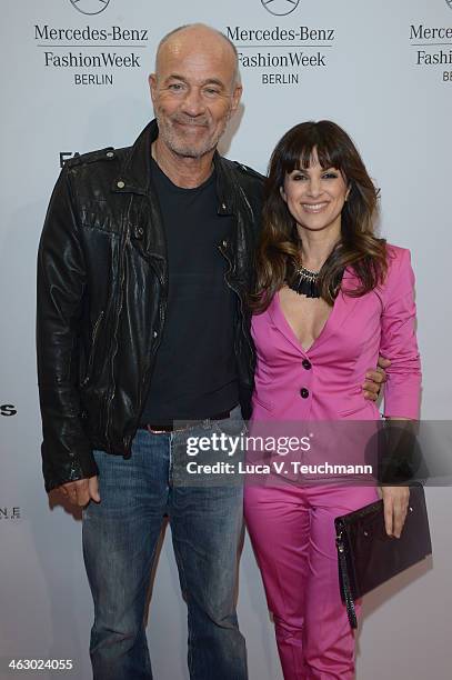 Heiner Lauterbach and Viktoria Lauterbach attend the Laurel show during Mercedes-Benz Fashion Week Autumn/Winter 2014/15 at Brandenburg Gate on...