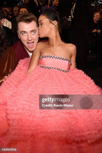 Sam Smith and Rihanna attend The 57th Annual GRAMMY Awards at STAPLES Center on February 8, 2015 in Los Angeles, California.