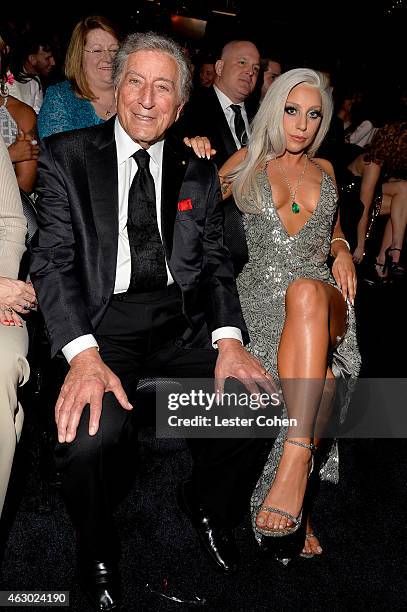 Recording artists Tony Bennett and Lady Gaga during The 57th Annual GRAMMY Awards at the STAPLES Center on February 8, 2015 in Los Angeles,...