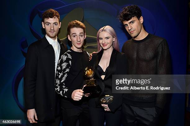 Winners of Best Dance Recording Jack Patterson, Luke Patterson, Grace Chatto, and Milan Neil Amin-Smith of Clean Bandit pose at the Premiere Ceremony...
