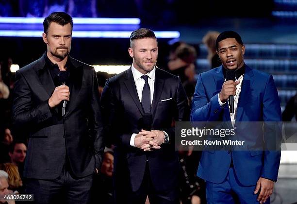 Actor Josh Duhamel and NFL players Julian Edelman and Malcolm Butler of the New England Patriots speak onstage during The 57th Annual GRAMMY Awards...