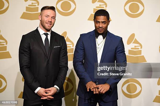 Players Julian Edelman and Malcolm Butler pose in the Deadline Photo Room during The 57th Annual GRAMMY Awards at the STAPLES Center on February 8,...