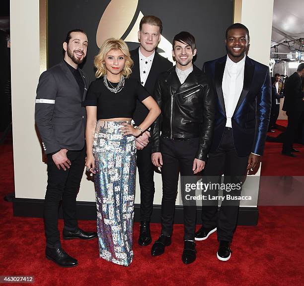 Singers Avi Kaplan, Kirstie Maldonado, Scott Hoying, Mitch Grassi and Kevin Olusola of Pentatonix attend The 57th Annual GRAMMY Awards at the STAPLES...