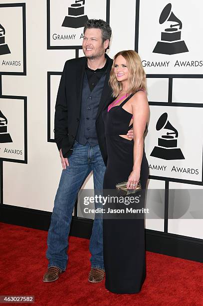 Recording artists Blake Shelton and Miranda Lambert attend The 57th Annual GRAMMY Awards at the STAPLES Center on February 8, 2015 in Los Angeles,...