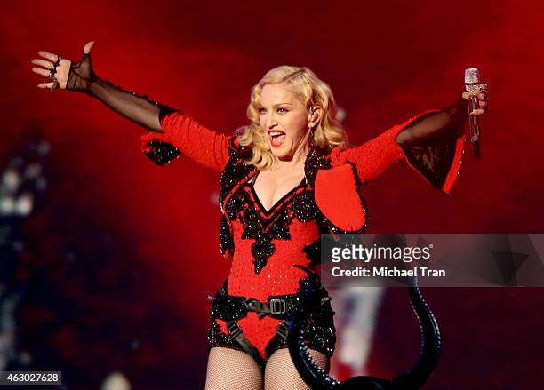 Singer/songwriter Madonna performs onstage during The 57th Annual GRAMMY Awards at STAPLES Center on February 8, 2015 in Los Angeles, California.