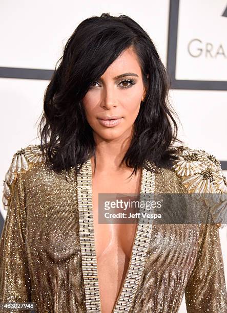 Personality Kim Kardashian attends The 57th Annual GRAMMY Awards at the STAPLES Center on February 8, 2015 in Los Angeles, California.