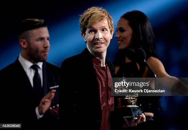 Recording artist Beck accepts the Best Rock Album award for "Morning Phase" onstage during The 57th Annual GRAMMY Awards at the at the STAPLES Center...