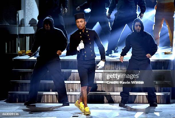 Recording artist Pharrell Williams performs onstage during The 57th Annual GRAMMY Awards at the STAPLES Center on February 8, 2015 in Los Angeles,...