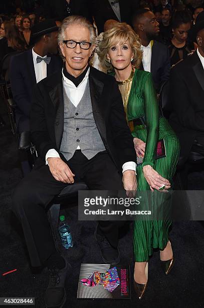 Special Merit Award recipient music producer Richard Perry and actress Jane Fonda attend The 57th Annual GRAMMY Awards at the STAPLES Center on...