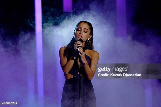 Singer Ariana Grande performs "Just a Little Bit of Your Heart" onstage during The 57th Annual GRAMMY Awards at the at the STAPLES Center on February...