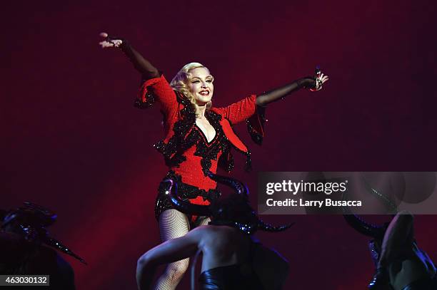 Madonna performs onstage during The 57th Annual GRAMMY Awards at the STAPLES Center on February 8, 2015 in Los Angeles, California.