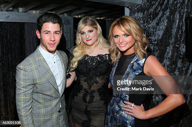 Recording artists Nick Jonas, Meghan Trainor and Miranda Lambert attend The 57th Annual GRAMMY Awards at STAPLES Center on February 8, 2015 in Los...