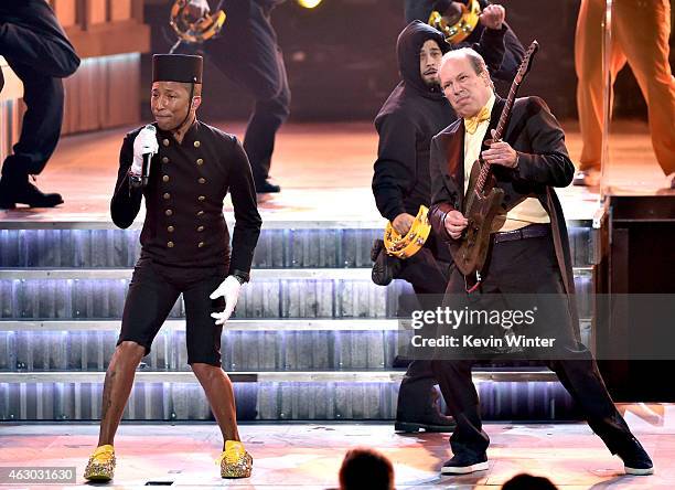 Recording artist Pharrell Williams and composer/musician Hans Zimmer perform onstage during The 57th Annual GRAMMY Awards at the STAPLES Center on...