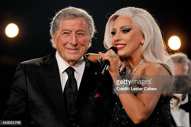 Recording artists Lady Gaga and Tony Bennett perform onstage during The 57th Annual GRAMMY Awards at the STAPLES Center on February 8, 2015 in Los...