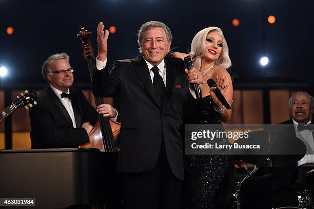 Recording Artists Tony Bennett and Lady Gaga perform onstage during The 57th Annual GRAMMY Awards at the STAPLES Center on February 8, 2015 in Los...