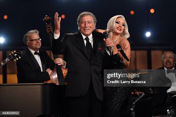 Recording Artists Tony Bennett and Lady Gaga perform onstage during The 57th Annual GRAMMY Awards at the STAPLES Center on February 8, 2015 in Los...