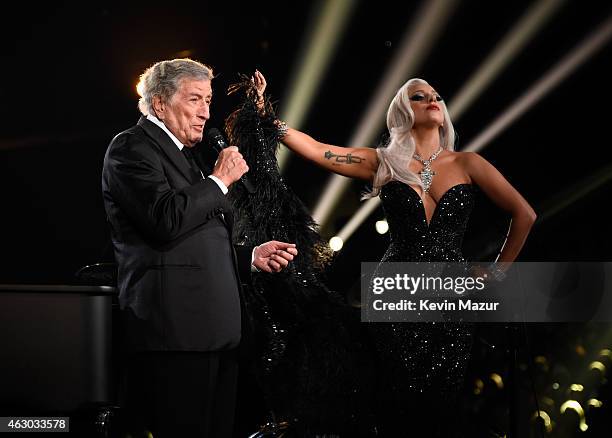 Tony Bennett and Lady Gaga perform onstage during The 57th Annual GRAMMY Awards at the STAPLES Center on February 8, 2015 in Los Angeles, California.