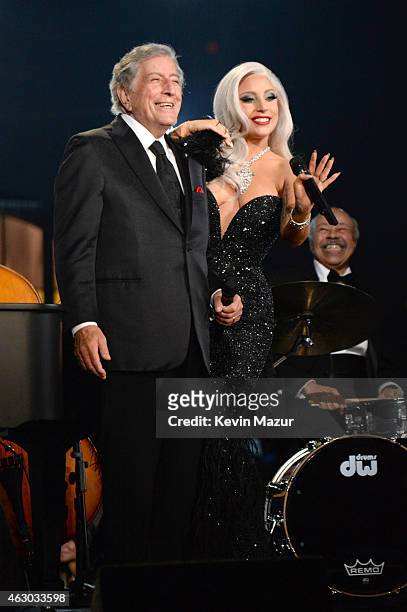 Tony Bennett and Lady Gaga perform onstage during The 57th Annual GRAMMY Awards at the STAPLES Center on February 8, 2015 in Los Angeles, California.