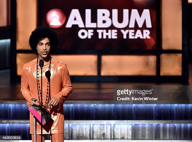 Recording artist Prince speaks onstage during The 57th Annual GRAMMY Awards at the STAPLES Center on February 8, 2015 in Los Angeles, California.