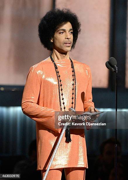 Recording artist Prince speaks onstage during The 57th Annual GRAMMY Awards at the at the STAPLES Center on February 8, 2015 in Los Angeles,...