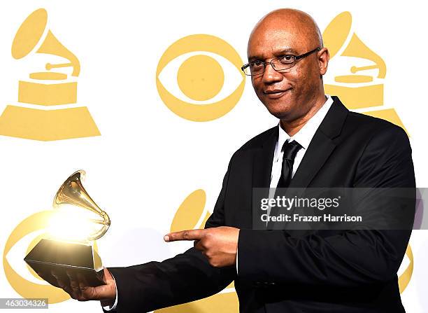 Musician Billy Childs, winner of Best Instrumental Arrangement Accompanying Vocalist for 'New York Tendaberry,' poses in the press room during The...