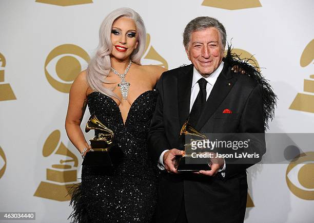Lady Gaga and Tony Bennett pose in the press room at the 57th GRAMMY Awards at Staples Center on February 8, 2015 in Los Angeles, California.