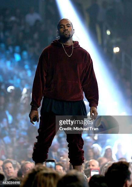 Singer/songwriter Kanye West performs onstage during The 57th Annual GRAMMY Awards at STAPLES Center on February 8, 2015 in Los Angeles, California.