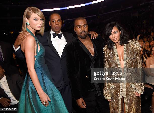 Taylor Swift, Jay Z, Kanye West and Kim Kardashian West attend The 57th Annual GRAMMY Awards at STAPLES Center on February 8, 2015 in Los Angeles,...