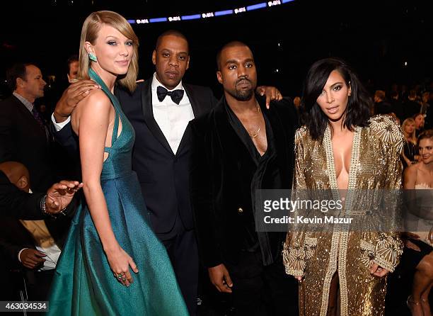 Taylor Swift, Jay Z, Kanye West and Kim Kardashian West attend The 57th Annual GRAMMY Awards at STAPLES Center on February 8, 2015 in Los Angeles,...