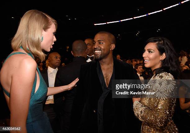 Taylor Swift, Jay Z, Kanye West and Kim Kardashian West attend The 57th Annual GRAMMY Awards at STAPLES Center on February 8, 2015 in Los Angeles,...
