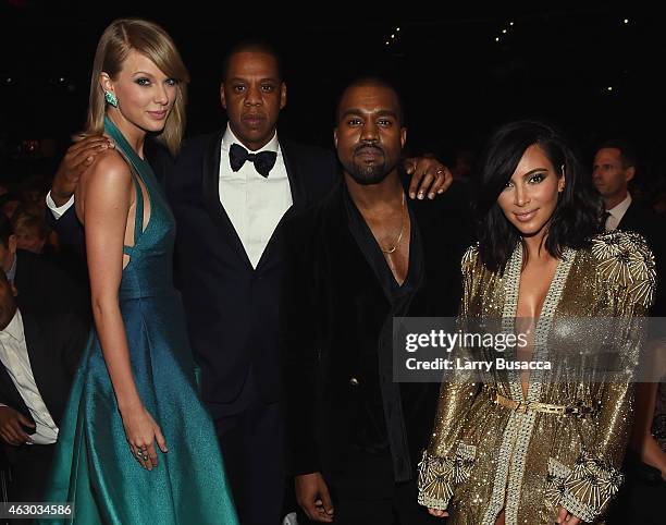 Recording Artists Taylor Swift, Jay Z and Kanye West and tv personality Kim Kardashian attend The 57th Annual GRAMMY Awards at the STAPLES Center on...