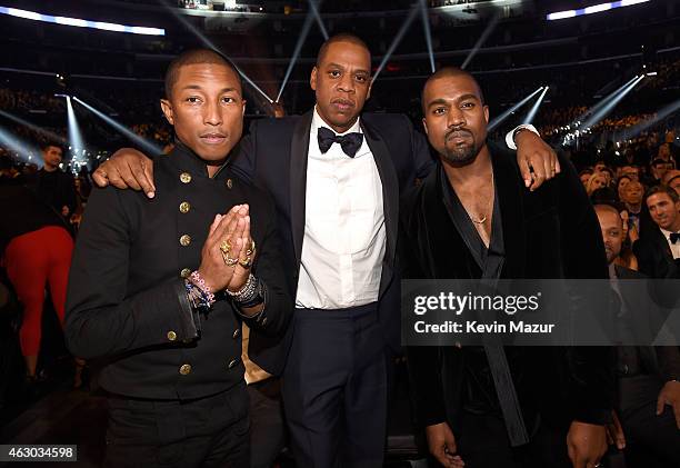 Pharrell Williams, Jay Z and Kanye West attend The 57th Annual GRAMMY Awards at STAPLES Center on February 8, 2015 in Los Angeles, California.