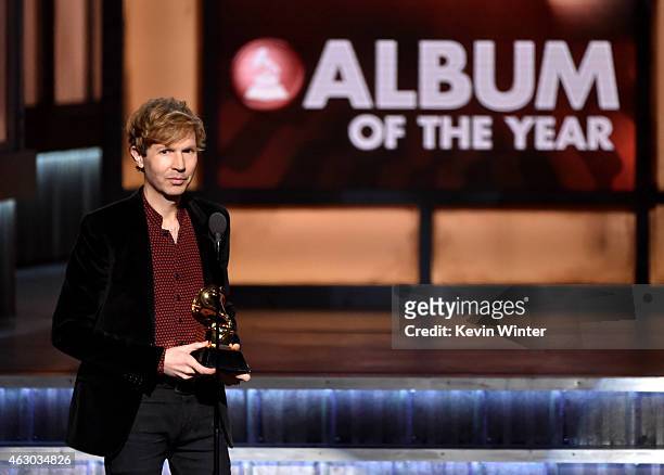 Recording artist Beck speaks onstage during The 57th Annual GRAMMY Awards at the STAPLES Center on February 8, 2015 in Los Angeles, California.