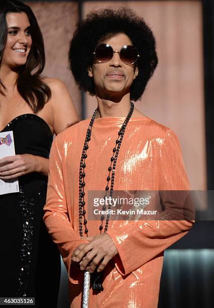 Prince presents award onstage during The 57th Annual GRAMMY Awards at the STAPLES Center on February 8, 2015 in Los Angeles, California.
