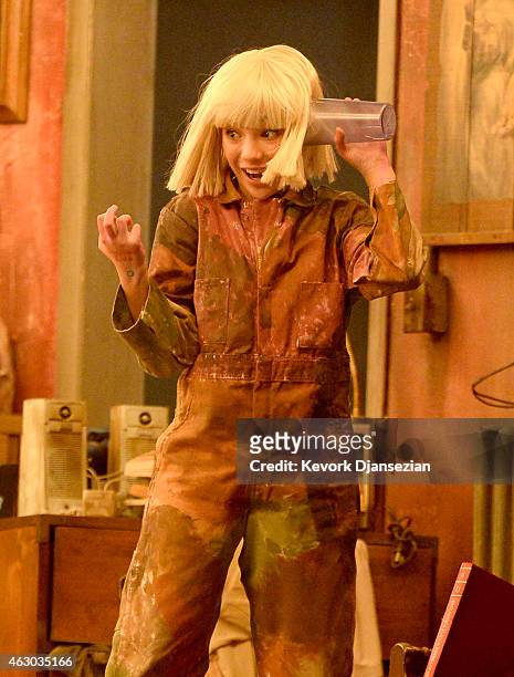 Dancer Maddie Ziegler lip-syncs Sia's "Chandelier" onstage during The 57th Annual GRAMMY Awards at the at the STAPLES Center on February 8, 2015 in...