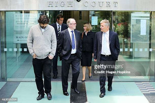 Defence lawyers David Hislop, QC and Ross Burns depart after the first session at Wellington High Court on February 9, 2015 in Wellington, New...