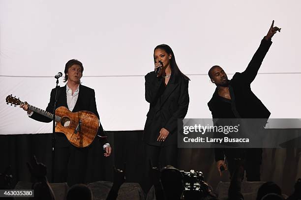 Musicians Paul McCartney, Rihanna and Kanye West perform onstage during The 57th Annual GRAMMY Awards at the STAPLES Center on February 8, 2015 in...