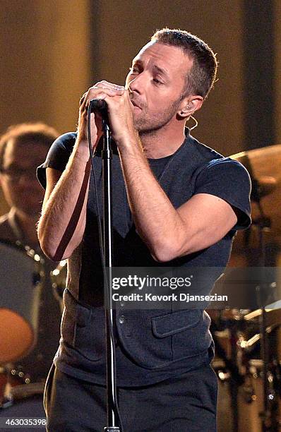 Recording artist Chris Martin performs "Heart Is a Drum" onstage during The 57th Annual GRAMMY Awards at the at the STAPLES Center on February 8,...