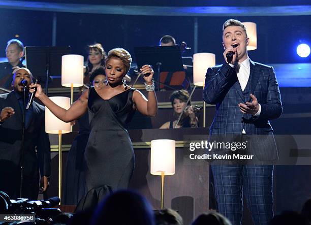 Mary J Blige and Sam Smith perform onstage during The 57th Annual GRAMMY Awards at the STAPLES Center on February 8, 2015 in Los Angeles, California.