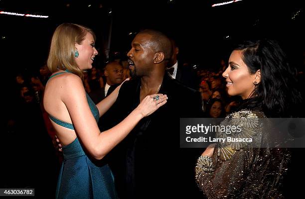 Recording Artists Taylor Swift, Kanye West and tv personality Kim Kardashian attend The 57th Annual GRAMMY Awards at the STAPLES Center on February...