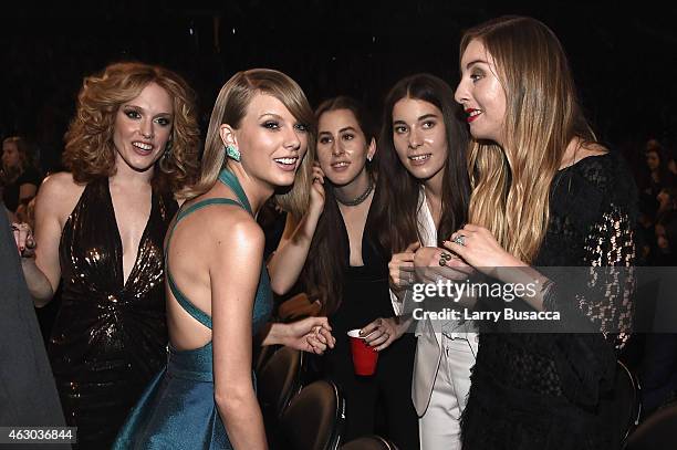 Abigail Anderson and recording artists Taylor Swift, Alana Haim, Danielle Haim and Este Haim of Haim attend The 57th Annual GRAMMY Awards at the...