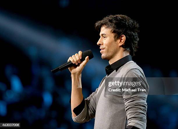 Singer Enrique Iglesias speaks onstage during The 57th Annual GRAMMY Awards at STAPLES Center on February 8, 2015 in Los Angeles, California.