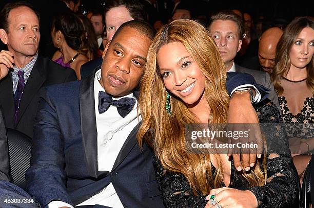 Recording artists Jay-Z and Beyonce during The 57th Annual GRAMMY Awards at the STAPLES Center on February 8, 2015 in Los Angeles, California.