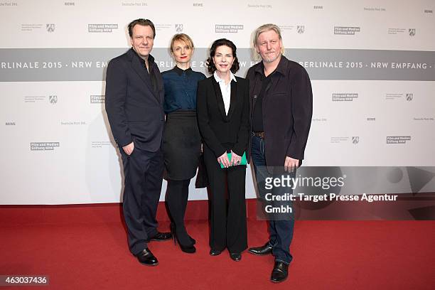 Actress Gudrun Landgrebe, Arved Birnbaum, Ronald Kukulies, Christina Grosse of the TV series 'Weinberg' attend the NRW Reception 2015 at...
